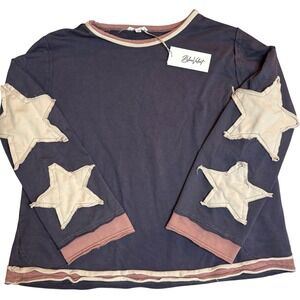 Blue Velvet Boho Patchwork Oversized Pullover Sweatshirt Boxy Fit Women's Large